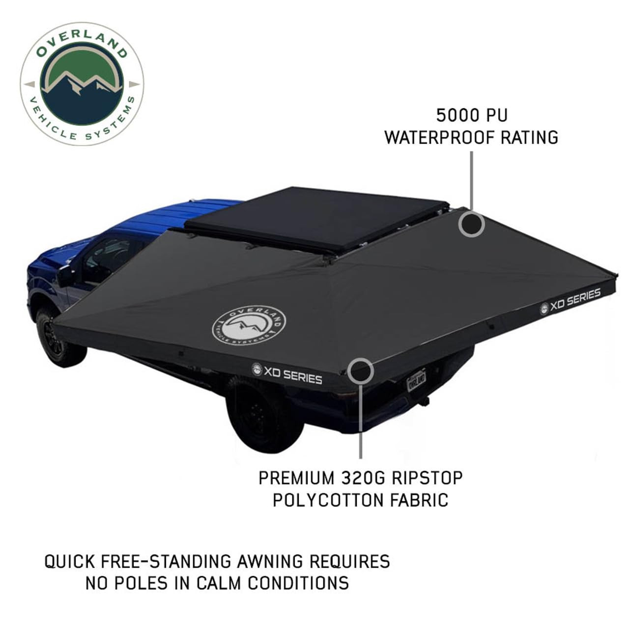 XD Nomadic 270 LT - Overland Vehicle Systems Awning w/Lights, Black Body, Black Trim W/Black Travel Bag, Passenger Side