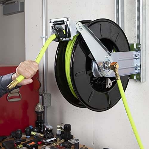 Flexzilla Pro Retractable Dual Arm Open Face Air Hose Reel, 3/8 in. x 50 ft., Heavy Duty, Lightweight, Hybrid, ZillaGreen - L8711FZ
