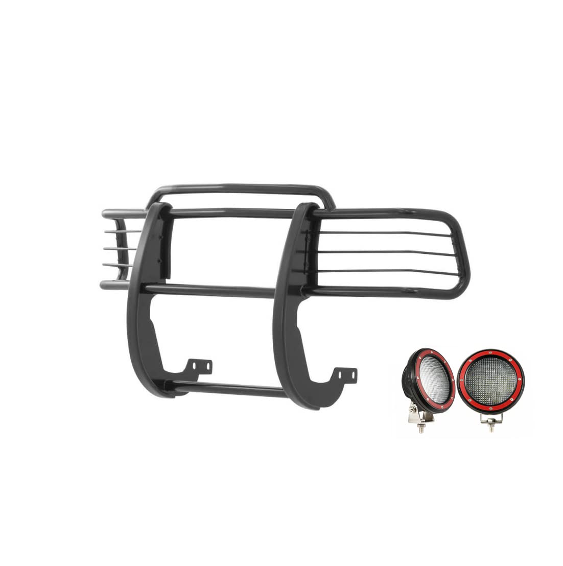 Bumper Guard Black Horse Grille Brush Modular Black Come with Pair of 5.3" Dia.LED Lights with Red Trim Rings Compatible with 1996-1998 Toyota 4Runner|1998-2000 Toyota Tacoma-17T80202MA-PLFR
