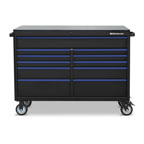 Montezuma Tool Box - 11 Drawer 56" x 24" Rolling Tool Cabinet with Multiple Power Outlets & Black Powder Coat Finish - M562411TC