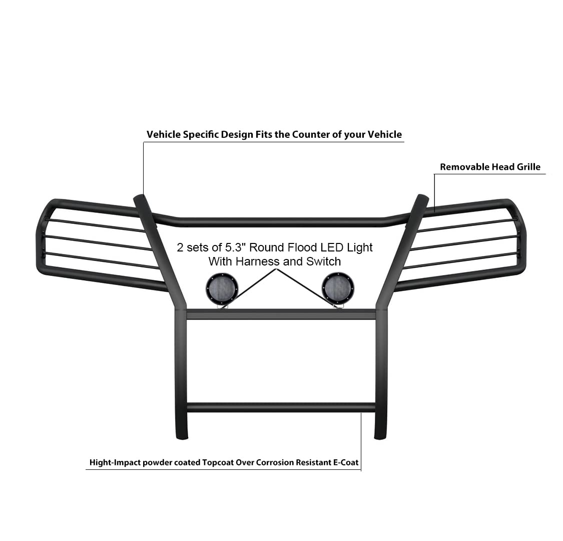 Bumper Guard Modular Black Horse Grille brush Come with Pair of 5.3" Dia.LED Lights with Black Trim Rings Compatible with 2016-2019 Honda Ridgeline-17H01MA-PLFB
