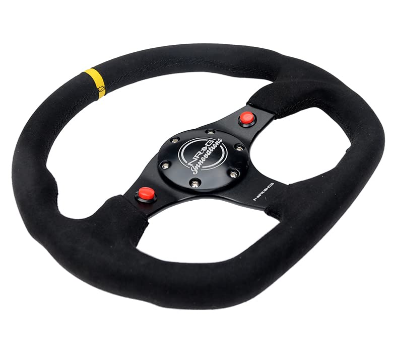 NRG Innovations Reinforced Steering Wheel NRG-RST-024D-MB-SA-Y 320mm Sport Alcantara Dual Push Buttons Flat Bottom with Yellow Center Mark