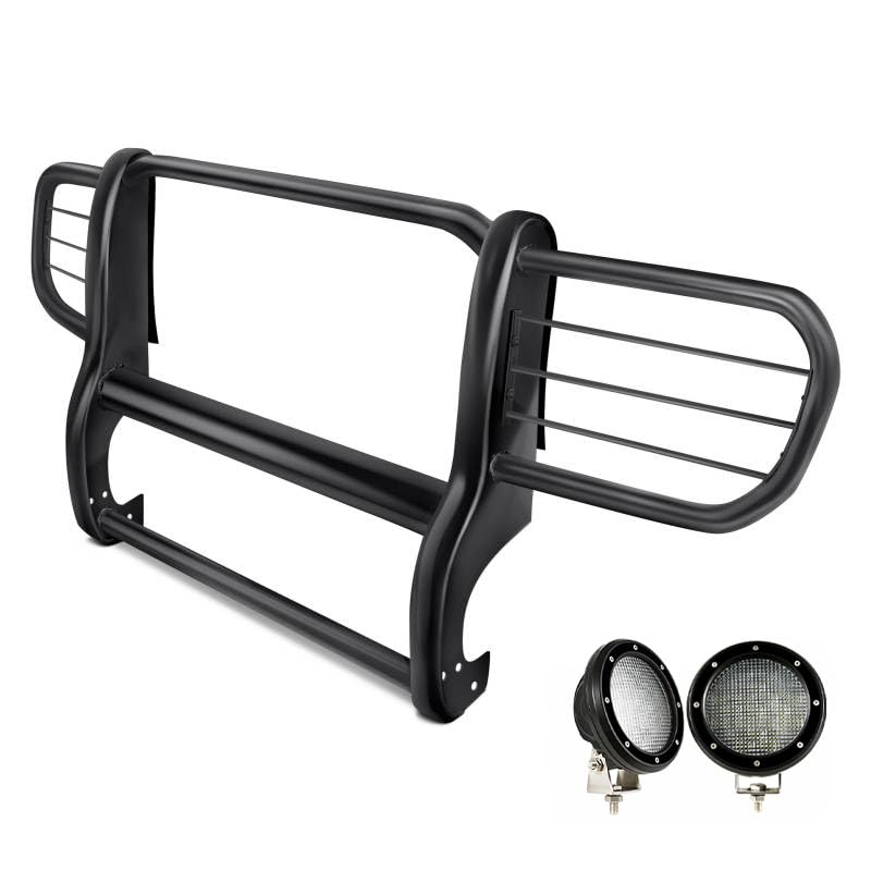 Grille Brush Black Horse Bumper Guard Modular Black Come with Pair of 5.3" Dia.LED Lights with Black Trim Rings Compatible with 2002-2007 Jeep Liberty-17EH26MA-PLFB