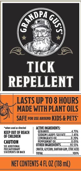 Natural Tick Repellent Spray Grandpa Gus's with Essential Oils - for Humans, DEET-Free, Up to 8 Hours of Protection, Camper Essentials, Safe Around Kids and Dogs, 4 oz (Pack of 2)