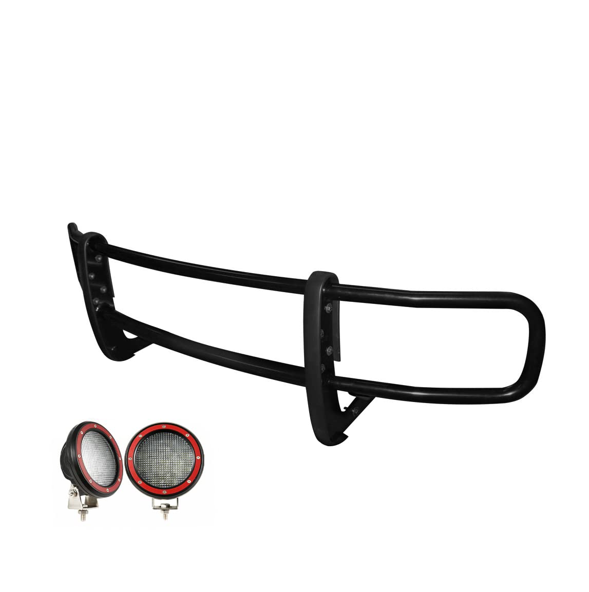 Spartan Black Horse Grille Brush Bumper Guard Modular Black Come with Pair of 5.3" Dia.LED Lights with Red Trim Rings Compatible with 2016-2023 Mercedes-Benz Metris-17MBMEMA-PLFR