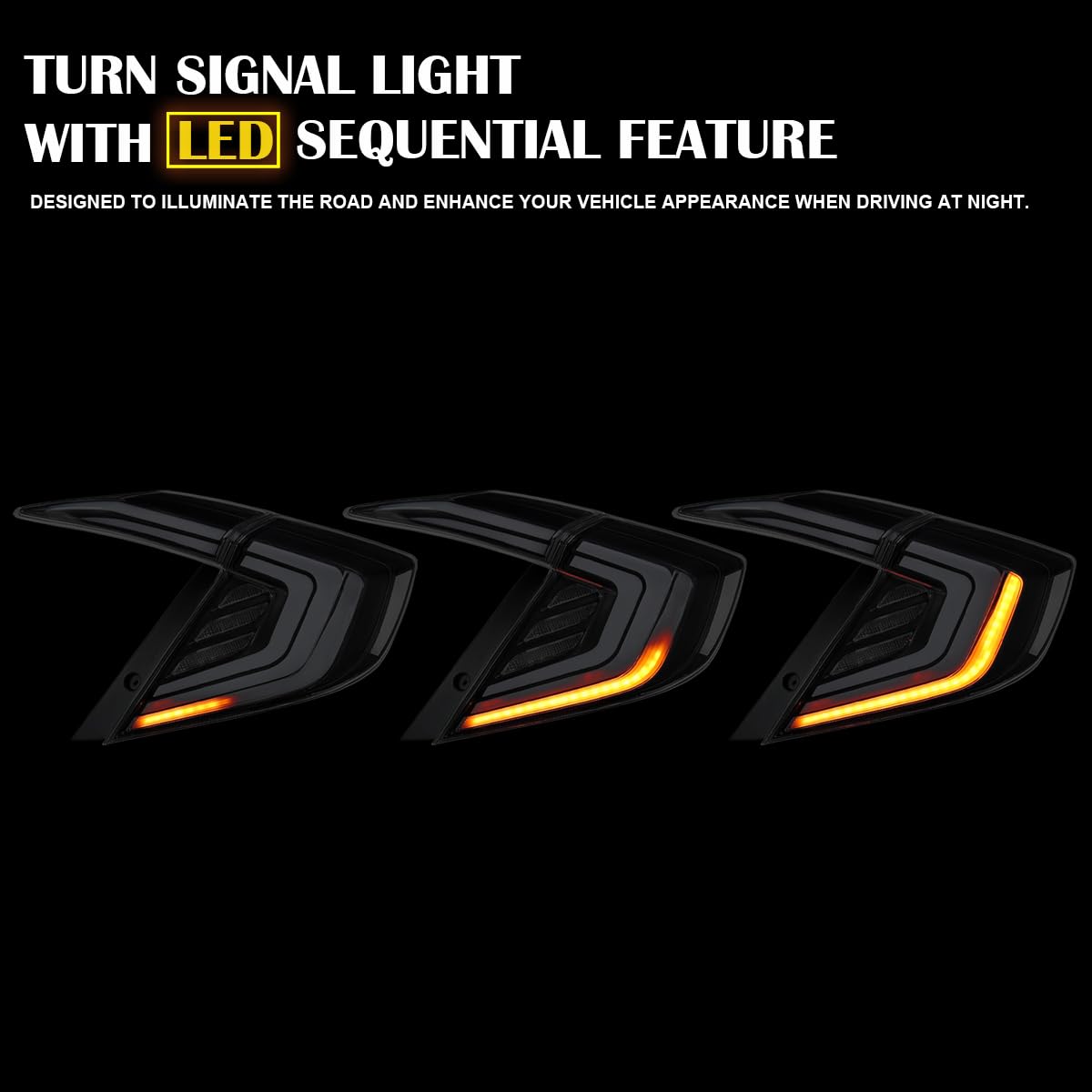 Black Tail Lights w/White LED Bars, SPEC-D TUNING Sequential LED Turn Signal, and Startup Animation Compatible with 2016-2021 Honda Civic 4-Door Sedan, Left + Right Pair Assembly