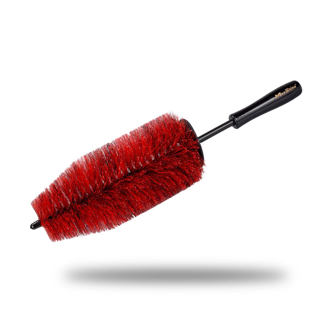 Wheel & Rim Brush Maxshine 10” (Red & Black) | Large Soft Bristle PP Material with Comfort Grip & Knuckle Guard | Scratch-Free Wheel Cleaning Brush | Universal Car Detailing Tool for Rims & Tires