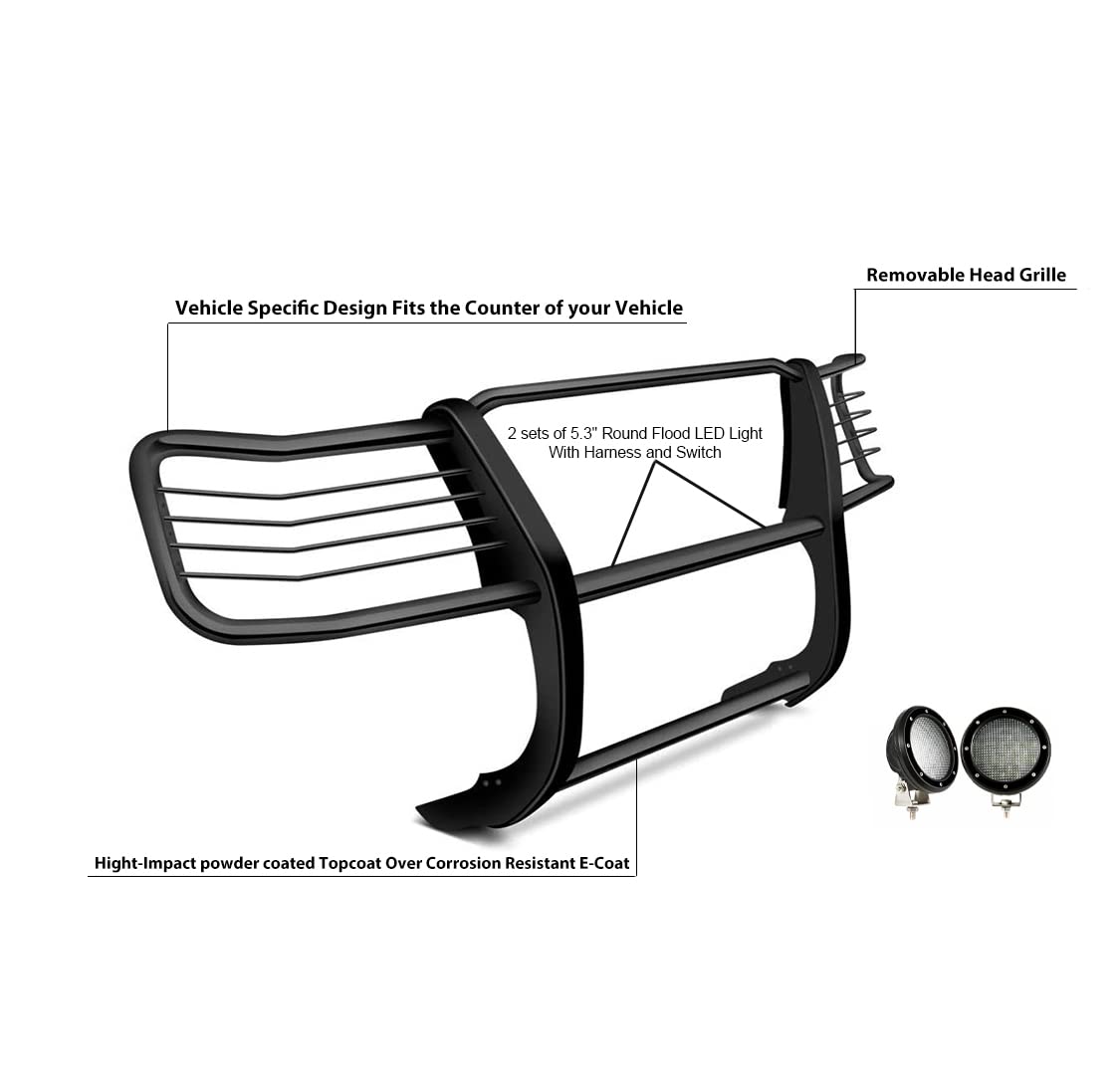 Grille Brush Black Horse Bumper Guard Modular Come with Pair of 5.3" Dia.LED Lights with Black Trim Rings Compatible with 2011-2014 Silverado 2500 HD|2011-2014 Silverado 3500 HD-17GT26MA-PLFB