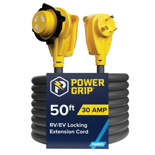 Power Grip Camco 50-Ft 30 Amp RV Extension Cord w/90° Locking End - Rated for 125V / 3,750W - Features Threaded Locking Ring for Weatherproof Connection & 10-Gauge Copper Wire (55525)