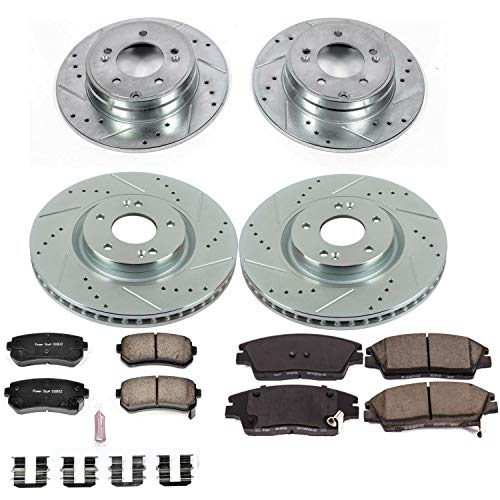 Power Stop K7344 Z23 Carbon Fiber Brake Pads Front and Rear with Drilled & Slotted Brake Rotors Kit