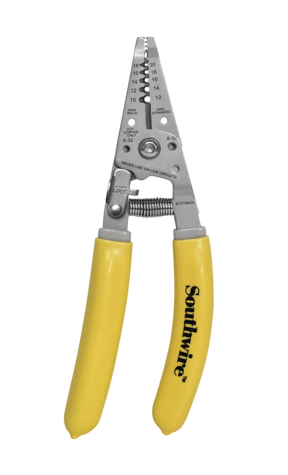 58278040 Southwire - S1018SOL Wire Stripper and Cutter for Stranded and Solid Copper Wire; Strips 10-18 AWG Solid; Strips 12-20 AWG Stranded; Features Wire Bending Hole & Screw Shearing Holes