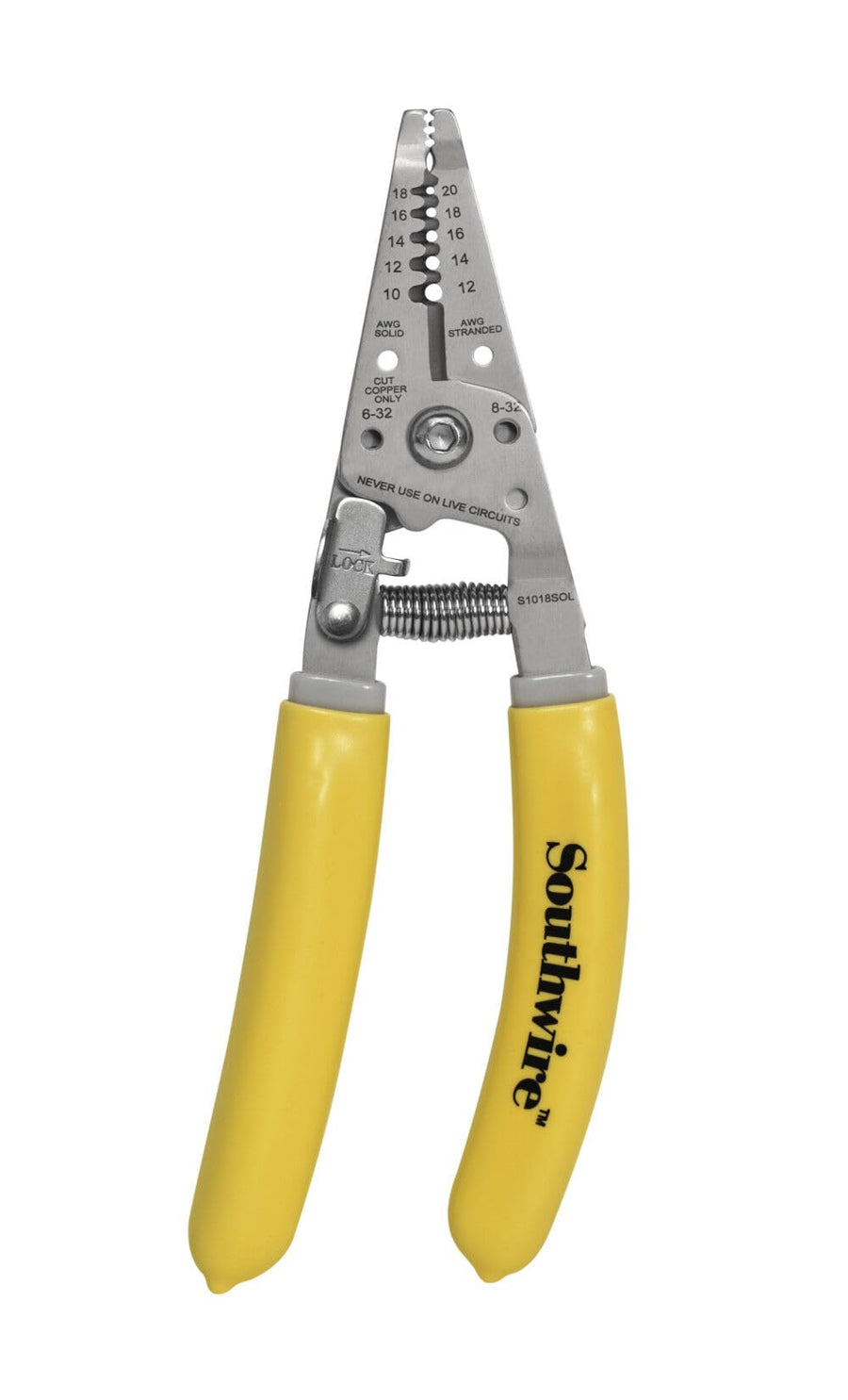 58278040 Southwire - S1018SOL Wire Stripper and Cutter for Stranded and Solid Copper Wire; Strips 10-18 AWG Solid; Strips 12-20 AWG Stranded; Features Wire Bending Hole & Screw Shearing Holes