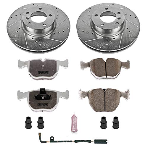 Power Stop K944-26 Z26 Carbon Fiber Brake Pads Front with Drilled & Slotted Brake Rotors Kit and 1 Front Sensor Wire For BMW 530i 2001-2003, BMW 540i 2000-2003 [Model Specific]