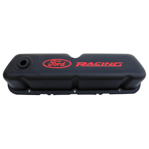 Ford Racing Logo Valve Cover, Stock Height, Baffled, Breather Hole, Steel, Black Crinkle