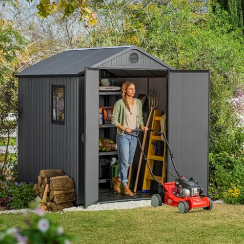 Keter 6 x 6 Foot Darwin Spacious Heavy Duty Outdoor Storage Shed for Organizing Garden Accessories and Tools with Double Doors and High Ceiling, Gray