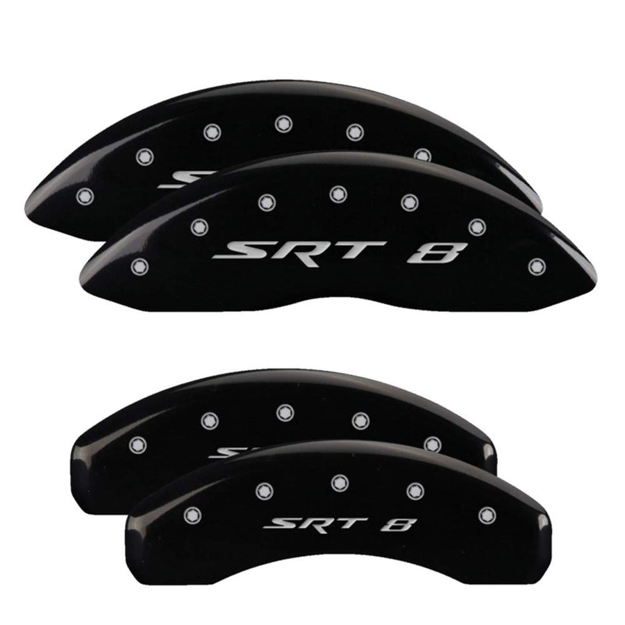 Brake Caliper Covers MGP Compatible with Jeep Grand Cherokee 2011-21, WK 2022 (Requires 17"+ Wheels) Black Powder-Coated Finish, Engraved Silver SRT 8 Logo, Front and Rear Caliper Covers (Set of 4)