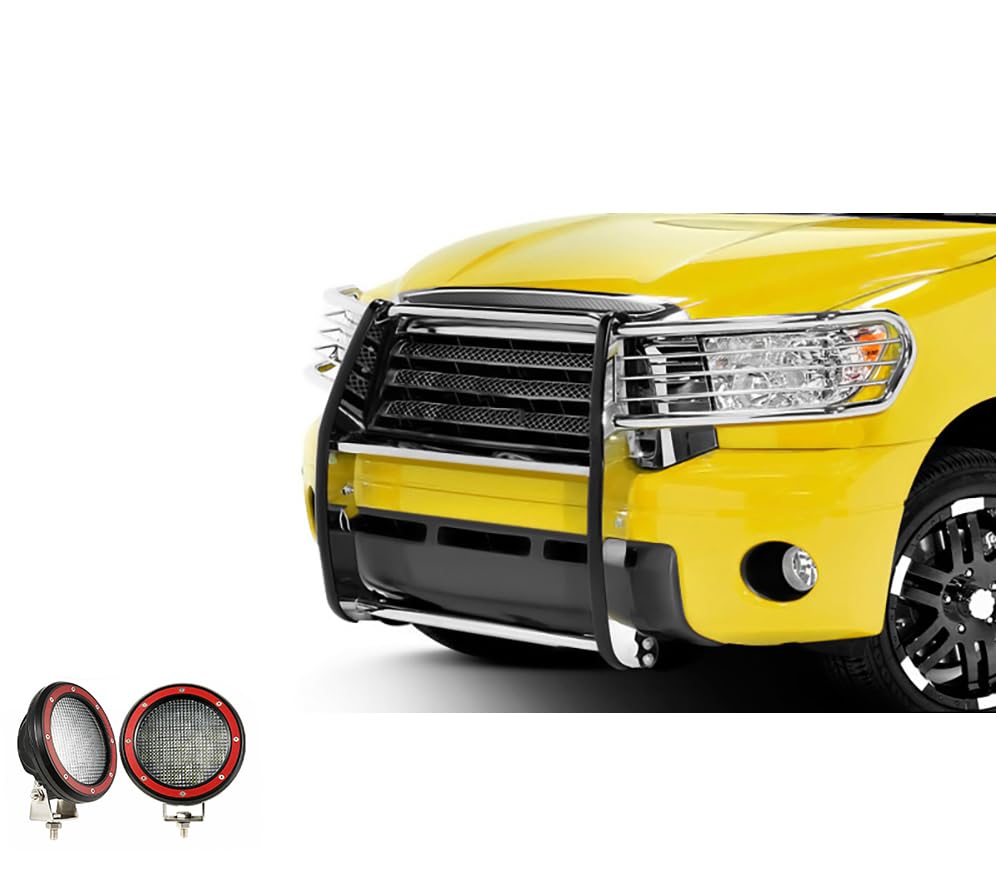 Bumper Guard Black Horse Grille Brush Modular Stainless Steel Come with Pair of 5.3" LED Lights with Red Trim Rings Compatible with 2008-2022 Toyota Sequoia|2007-2021 Toyota Tundra-17A098900MSS-PLFR