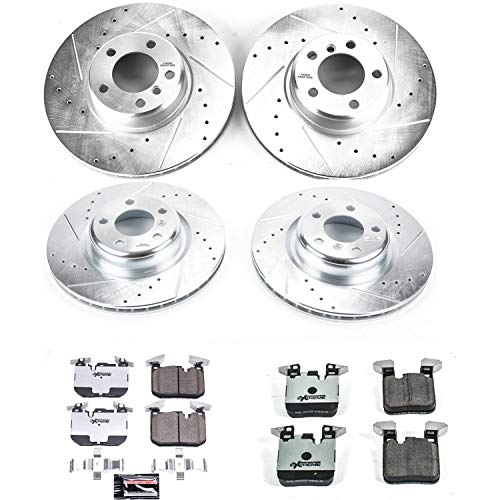 Power Stop K6655-26 Z26 Carbon Fiber Brake Pads Front and Rear with Drilled & Slotted Brake Rotors Kit and 1 Front & 1 Rear Sensor Wires