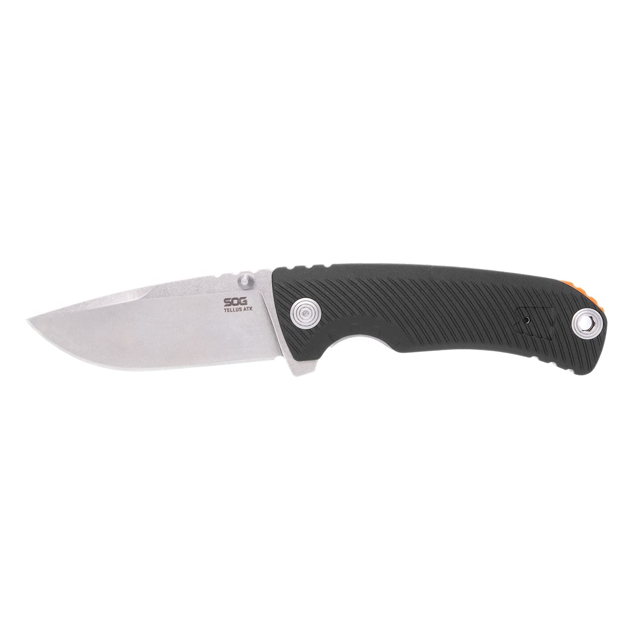 SOG Tellus ATK Folding Knife | Ambidextrous GRN Handle | CRYO 440C Stainless Steel Blade | Adjustable Belt Clip, Black/Blaze Orange Outdoor Assisted Opening Frame Lock
