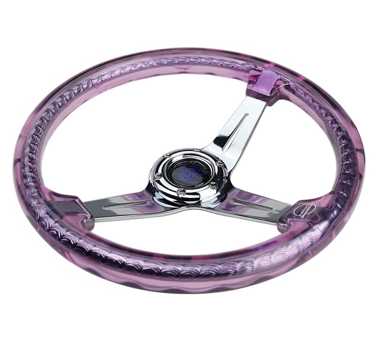 NRG Innovations Reinforced Steering Wheel NRG-RST-027CH-PP 350mm 2" Deep Dish Clear Acrylic Steering Wheel in Purple and Chrome Spoke Finish with Slits