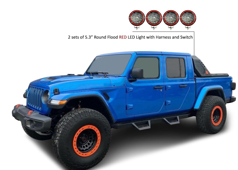 Vigor Black Horse Roll Bar Incl. Set of 5.3" Dia.Led Lights w/Red Trim Rings Modular Black Compatible with 2020-2024 Jeep Gladiator-VIRB09B-PLFR