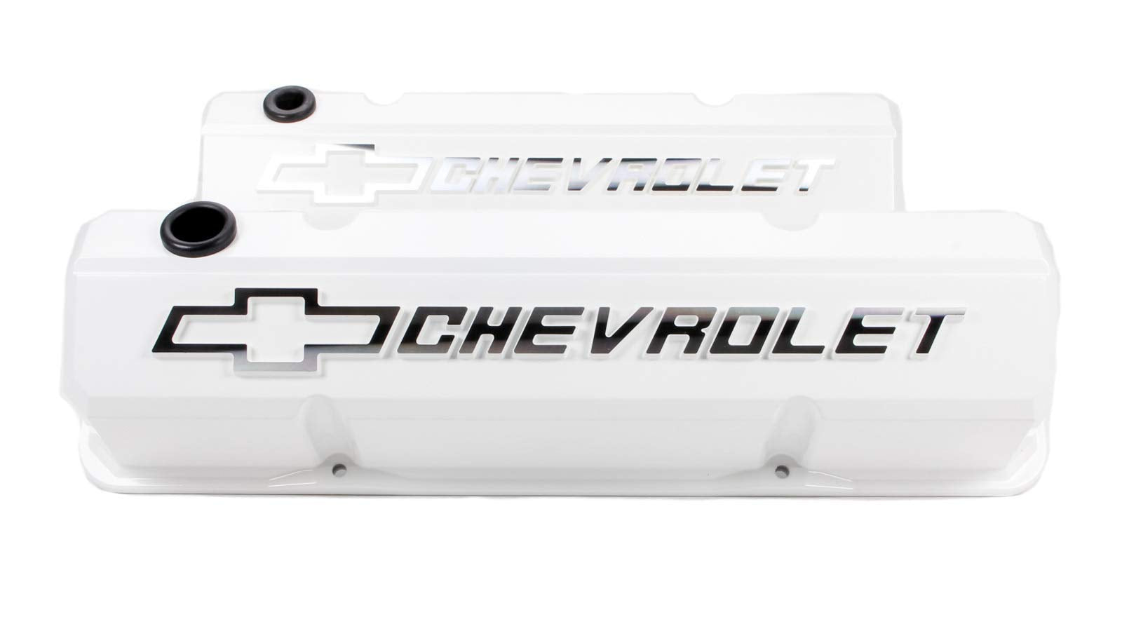Proform Slant-Edge Valve Cover, Tall, Baffled, Breather Hole, Raised Chevrolet Bowtie Logo, Aluminum, White, Small Block Chevy, Pair