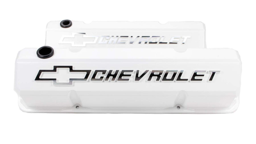 Proform Slant-Edge Valve Cover, Tall, Baffled, Breather Hole, Raised Chevrolet Bowtie Logo, Aluminum, White, Small Block Chevy, Pair