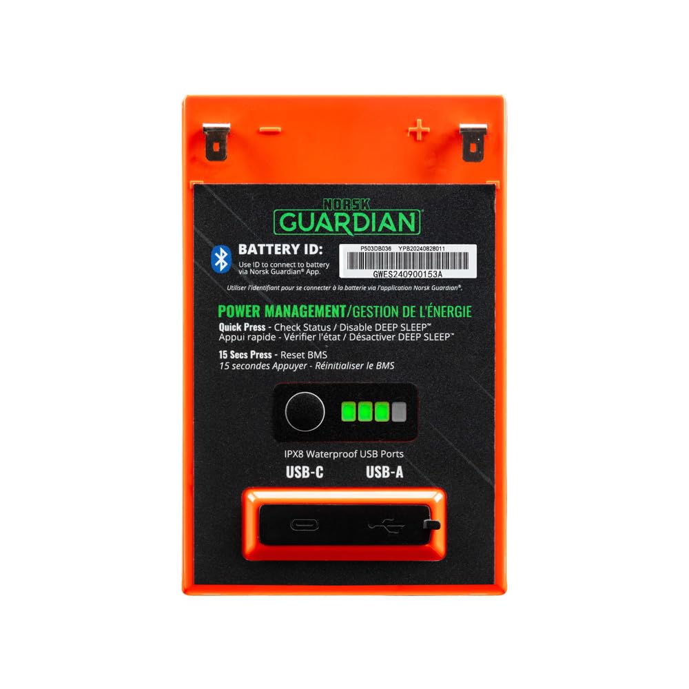 14.8V Norsk Lithium 30Ah Lithium Ion Battery with 3A Charger | USB-A & USB-C | Bluetooth Monitoring | IPX8 Waterproof | High-Capacity Portable Power for Outdoor & Marine Use