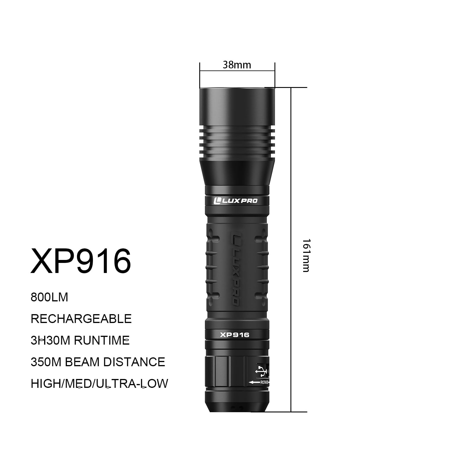 Pro Series LUXPRO 800 Lumen LED Rechargeable Flashlight - Features Patented TackGrip with Aircraft-Grade Aluminum and LPE Optics - Camping Accessories with Micro USB Charge Port - Batteries Included