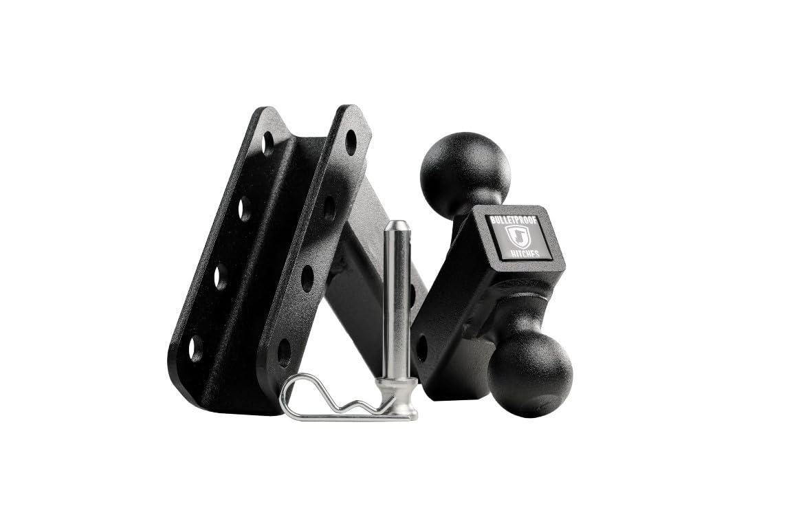 2.0" BulletProof Hitches Adjustable Light Duty Trailer Hitch (10,000 lb. Rating) - 4" Drop/Rise Trailer Hitch with 2" & 2-5/16" Dual Ball - Powder Coat, Box Steel, Corrosion-Resistant