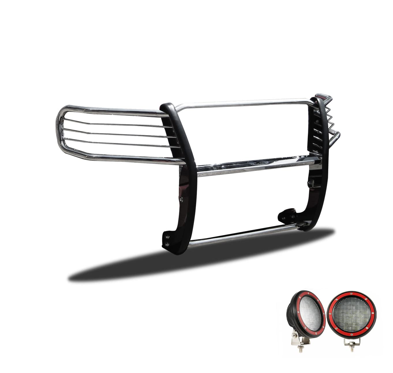 Bumper Guard Black Horse Grille Brush Modular Stainless Steel Come with Pair of 5.3" Dia.LED Lights with Red Trim Rings Compatible with 2016-2022 Honda Pilot-17H151402MSS-PLFR