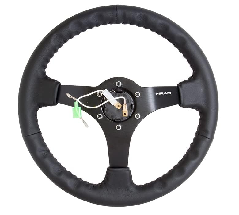 NRG Innovations Reinforced Steering Wheel- RACE STYLE NRG-RST-036MB-R 350mm Sport Steering Wheel (3' Deep) Black Leather With Black Baseball Stitching - Matte Black Spoke