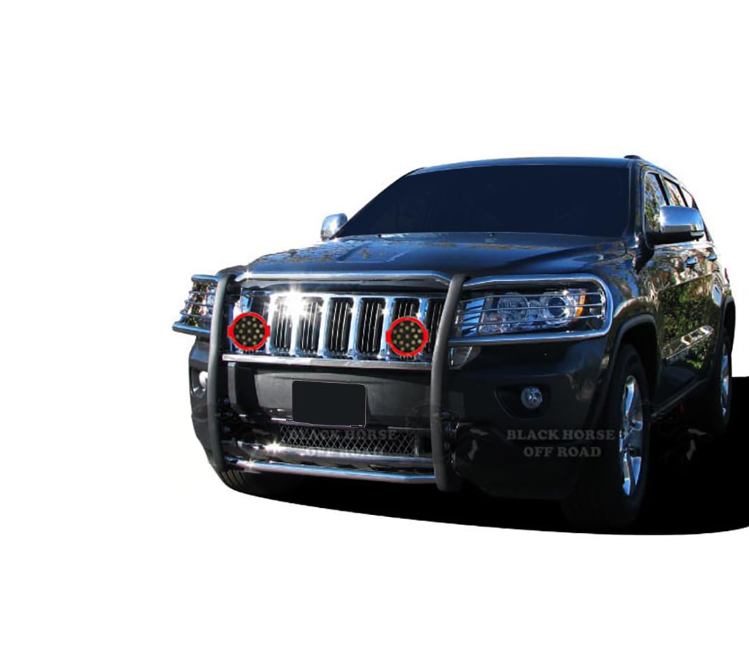 Bumper Guard Modular Black Horse Grille brush Stainless Steel Come With pair of 7.0"Dia.LED Lights with Red Trim Rings Compatible with 2011-2021 Jeep Grand Cherokee-17A080202MSS-PLR