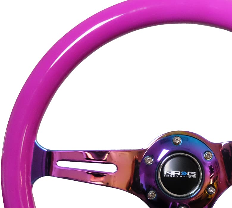 Classic Wood Grain Steering Wheel NRG Innovations NRG-ST-015MC-NPP, 350mm 3 Neochrome Spokes-Neon Purple Color