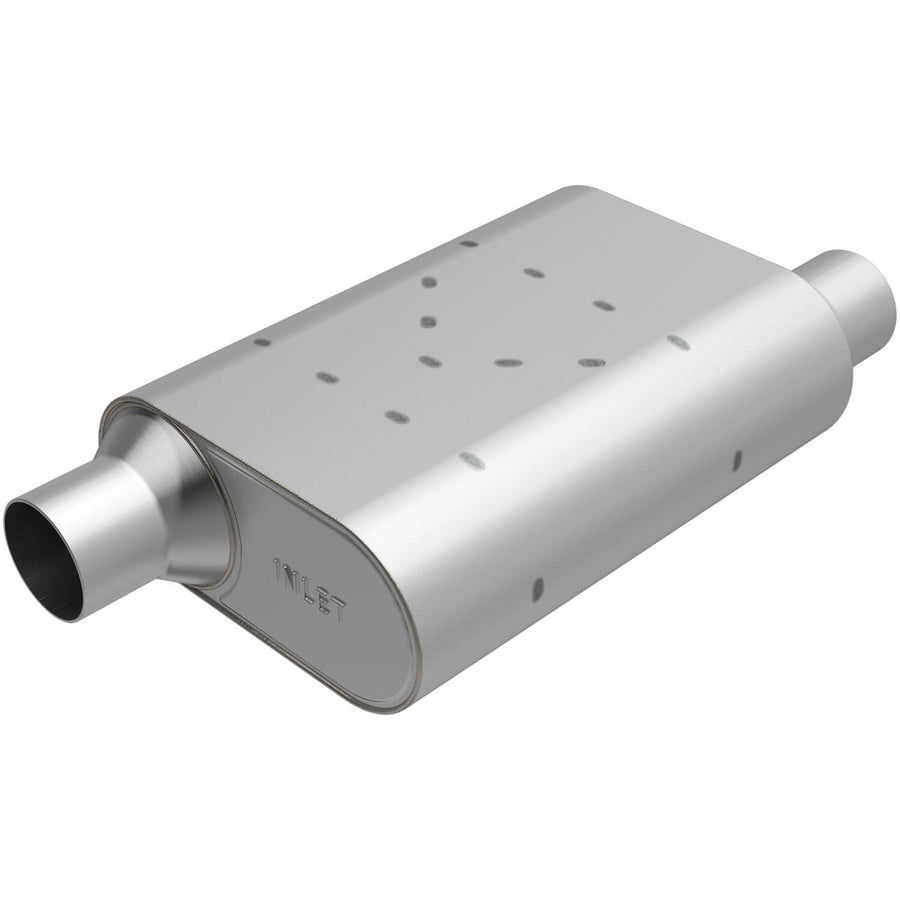 Rumble Chambered Exhaust Performance Muffler R32443: Offset/Offset, 2.25" / 2.25" Inlet/Outlet, 4.25 x 9.5 x 13 Oval, Stainless Steel, Classic American Muscle Sound