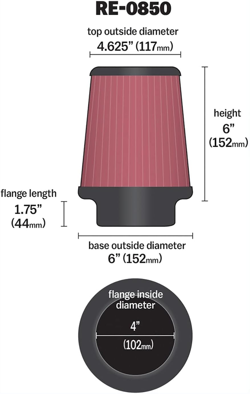 High-Flow K&N Original Lifetime Universal Clamp-On Air Filter: High Performance, Premium, Washable: Flange Diameter: 4 In, Filter Height: 6 In, Flange Length: 1.75 In, Shape: Round Tapered, RE-0850