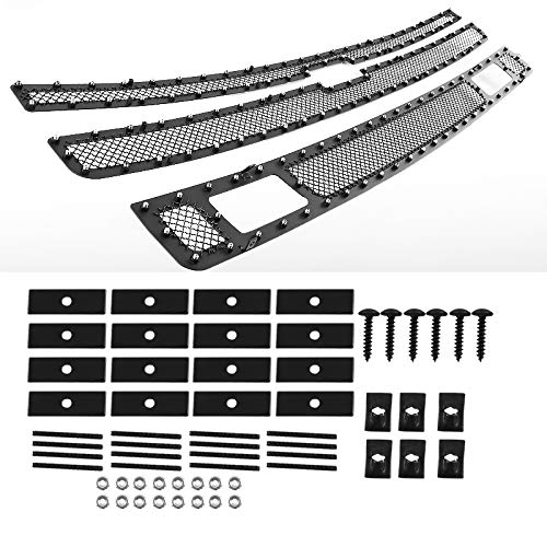 Spec-D Tuning Black Rivet Mesh Upper&Lower Main Grille Inserts 3PC Compatible with 2007-2013 Chevy Silverado 1500