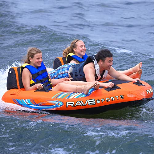 RAVE Sports Inflatable Warrior X3 Towable Tube, 1-3 Riders, Two Hammock-Style Seats with Backrests, Middle Rider Lying Down, Durable Nylon Cover, Neoprene Padding, Boat Towables-Tubes