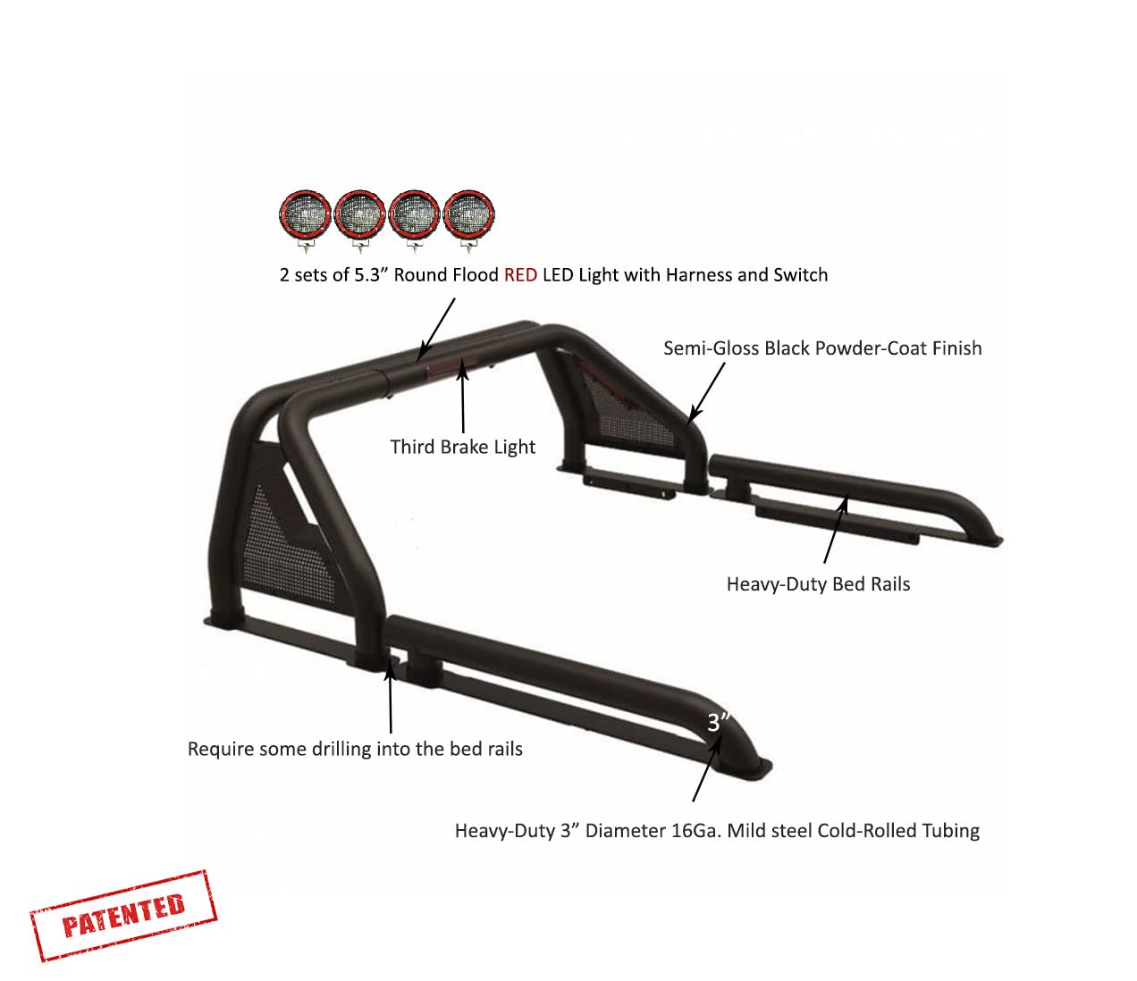 Gladiator Roll Bar Black Incl. Set of 5.3" Dia.Led Lights w/Red Trim Rings Modular Compatible with 2019-2022 Ford Ranger-GLRB-07B-PLFR