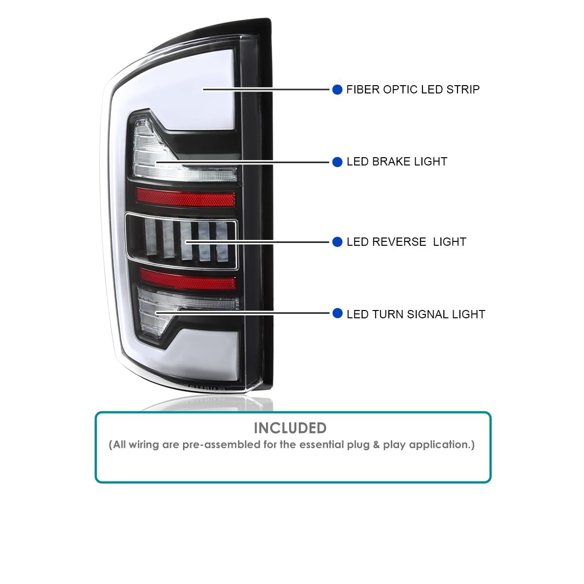 Black Tail Lights w/White LED SPEC-D TUNING Compatible with 2002-2006 Dodge Ram 1500/2500 / 3500, Left + Right Pair Assembly