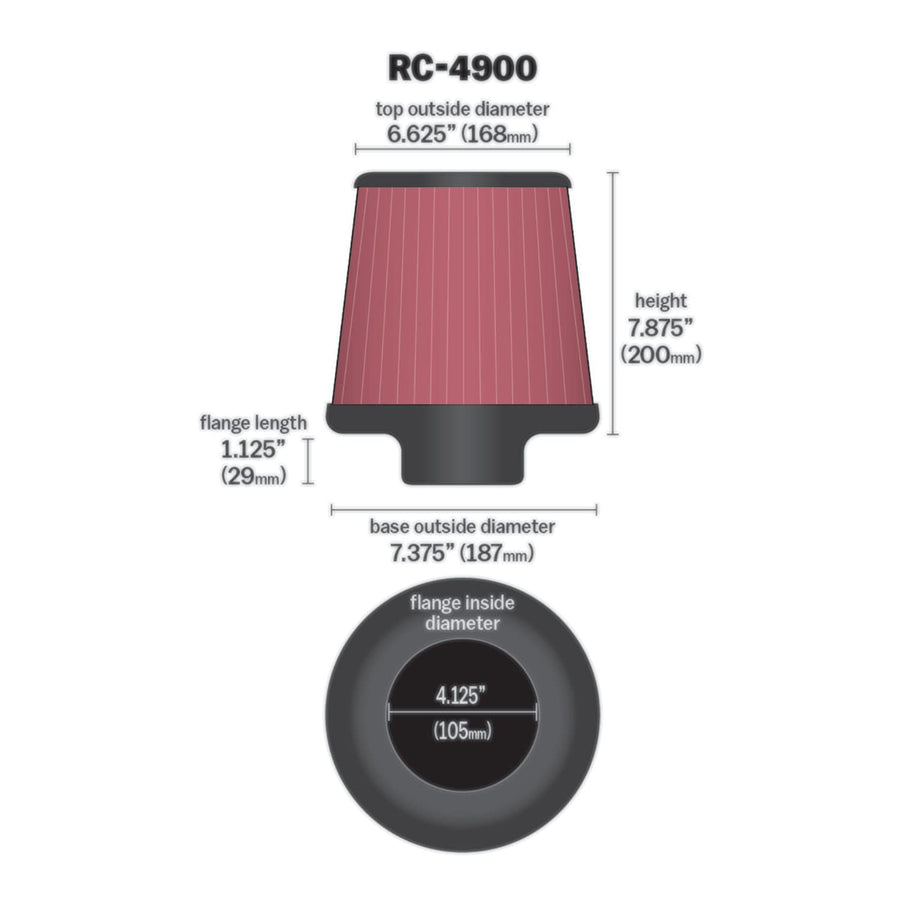 High-Flow K&N Original Lifetime Universal Clamp-On Air Filter: High Performance, Premium: Flange Diameter: 4.125 In, Filter Height: 7.875 In, Flange Length: 1.125 In, Shape: Round Tapered, RC-4900