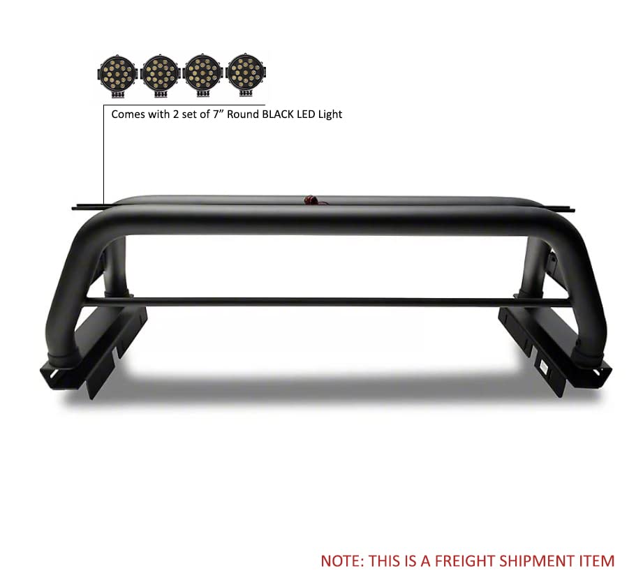 Classic Roll Bar Black Horse incl. Pair of 7.0" Dia. LED Lights w/Black Trim Rings Black Compatible with 2015-2024 Chevrolet Colorado|2015-2024 GMC Canyon-RB005BK-PLB