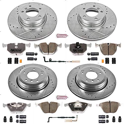Power Stop K5360-26 Z26 Carbon Fiber Brake Pads Front and Rear with Drilled & Slotted Brake Rotors Kit and 1 Front & 1 Rear Sensor Wires For BMW 525i, BMW 528i, BMW 530i [Model Specific]