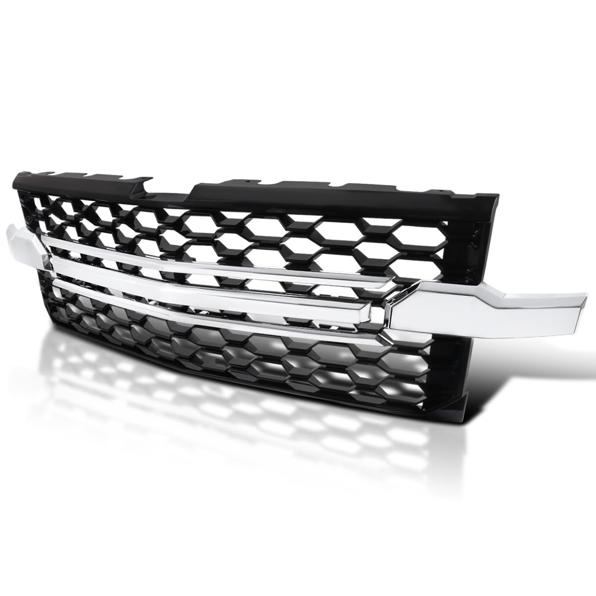 Black Honeycomb Front Bumper Hood Grill Grille w/Chrome Trim Spec-D Tuning Compatible with 2019-2022 Chevy Silverado 1500 WT