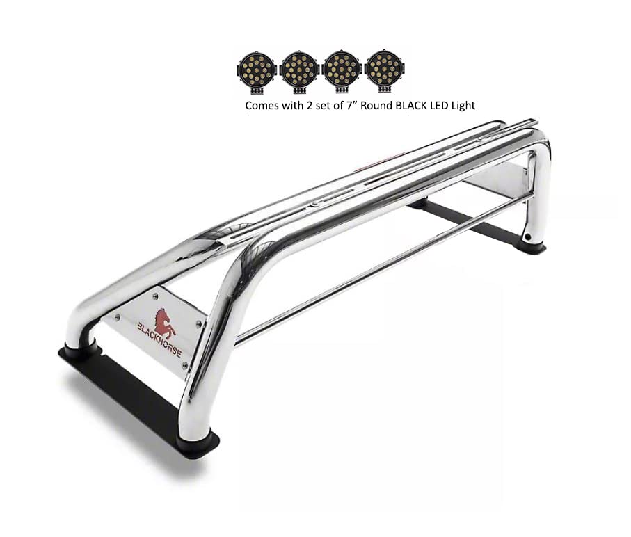 Classic Black Horse Roll Bar incl. Pair of 7.0" Dia.LED Lights w/Black Trim Rings Stainless Steel Compatible with 99-24 Ford F-250/F-350 Super Duty|1999-2024 Ford F-450 Super Duty-RB015SS-PLB