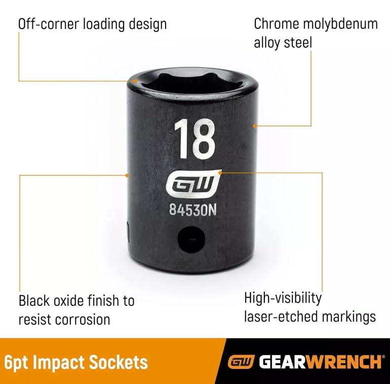 12 Pc. GEARWRENCH 1/2" Drive 6 Pt. Standard Impact Socket Set, SAE - 84931N