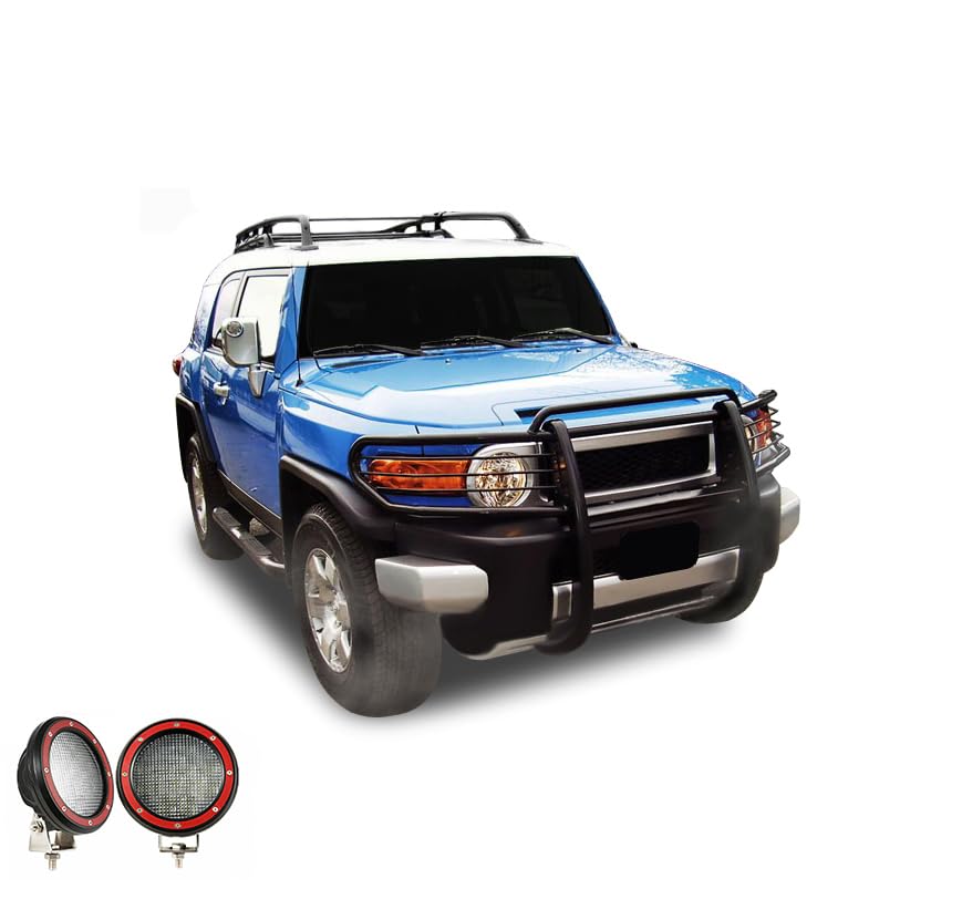 Grille Brush Black Horse Bumper Guard Modular Black Come with Pair of 5.3" Dia.LED Lights with Red Trim Rings Compatible with 2007-2014 Toyota FJ Cruiser-17A098600MA-PLFR