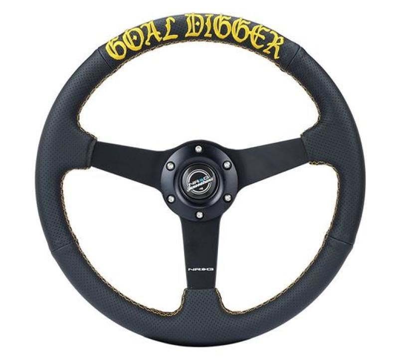 NRG Innovations 350mm NRG-RST-037MB-PR-GD Sport Steering Wheel (1.5' deep) Black Perforated Leather with Gold Stitching, Matte Black Solid Spokes, Gold Stitching