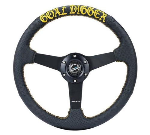 NRG Innovations 350mm NRG-RST-037MB-PR-GD Sport Steering Wheel (1.5' deep) Black Perforated Leather with Gold Stitching, Matte Black Solid Spokes, Gold Stitching