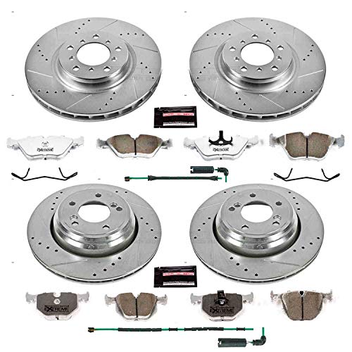 Power Stop K5730-26 Z26 Carbon Fiber Brake Pads Front and Rear with Drilled & Slotted Brake Rotors Kit and 1 Front & 1 Rear Sensor Wires For BMW M3 2001-2006 [Model Specific]